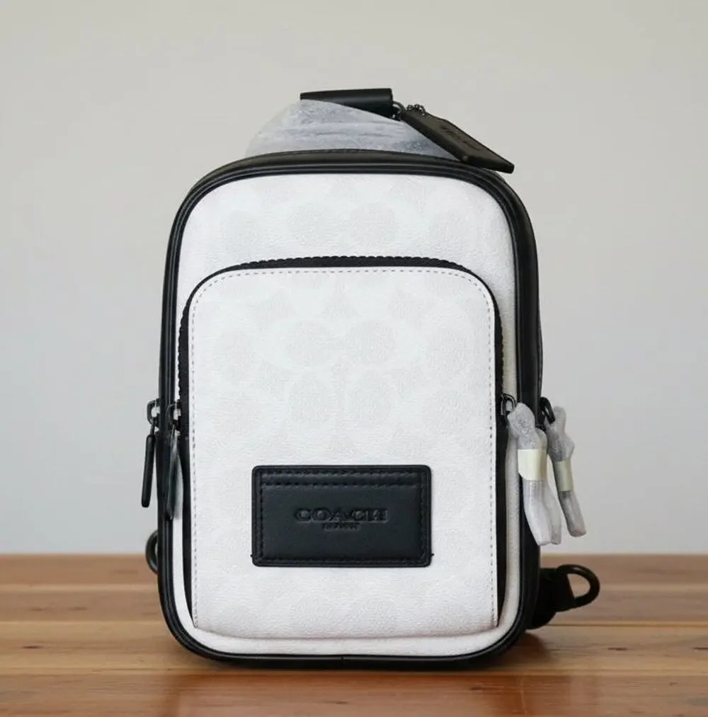 Coach Racer Sling Pack CV763 Black Chalk Signature Canvas Crossbody